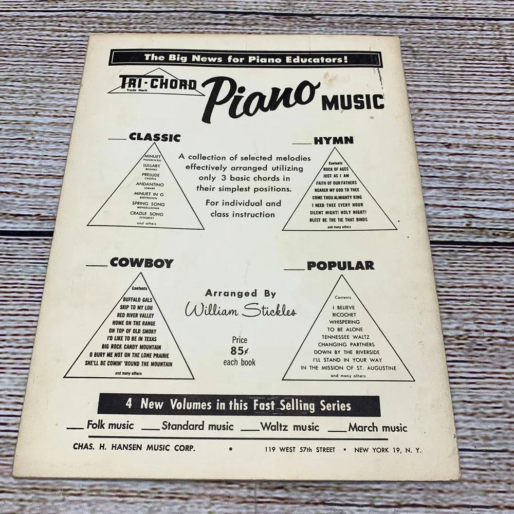 William Stickles Tri Chord‎ Piano Popular Music Book 1954 Edition